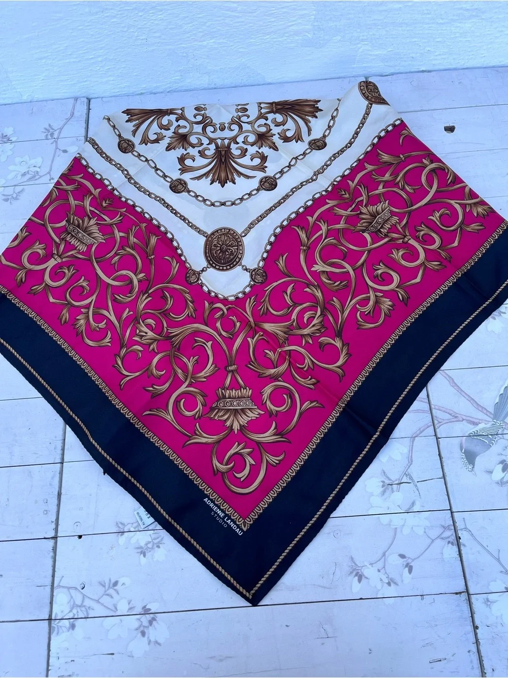 Adrienne Landau Cream and Burgundy Ornate Silk Scarf